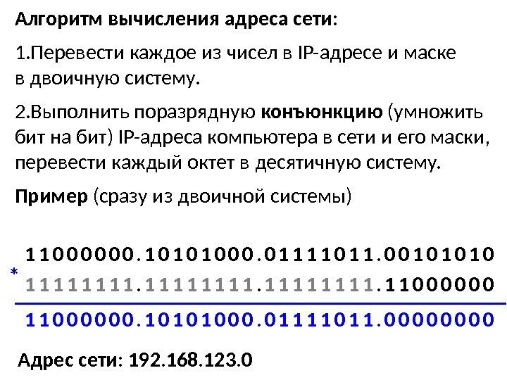 Алгоритм вычисления адреса сети: 1. Перевести каждое из чисел в IP- адресе и маске
