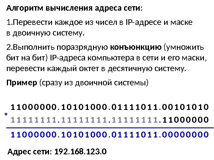 Поразрядная конъюнкция. Алгоритм вычисления адреса сети. Поразрядная конъюнкция IP адреса и маски. Адрес сети.