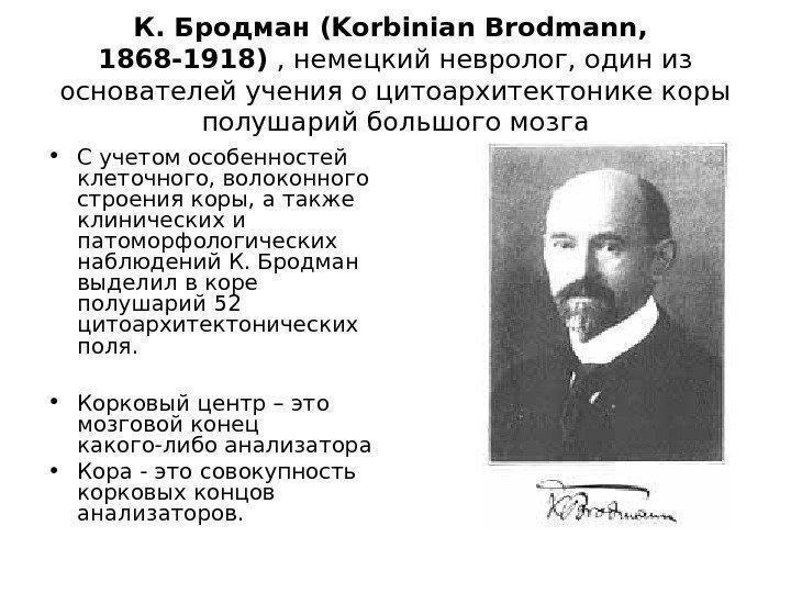 К. Бродман (Korbinian Brodmann,  1868 -1918) , немецкий невролог, один из основателей учения