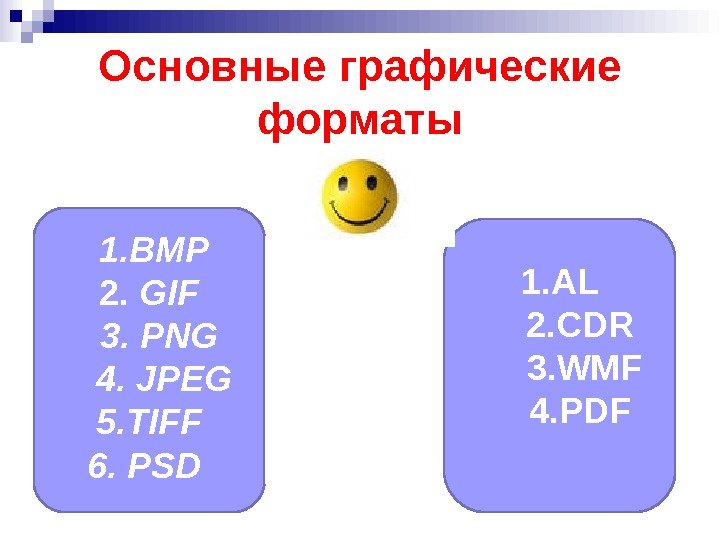 Основные графические форматы  1. BMP 2.  GIF  3.  PNG 4.
