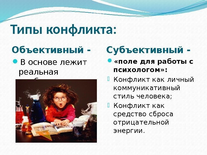 Типы конфликта: Объективный - Субъективный - В основе лежит реальная проблема  «поле для