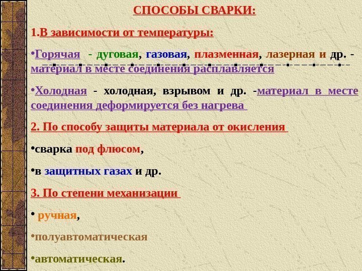 СПОСОБЫ СВАРКИ: 1. В зависимости от температуры:  • Горячая - дуговая , 