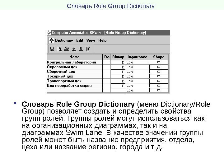 Словарь Role Group Dictionary ( меню Dictionary / Role Group ) позволяет создать и