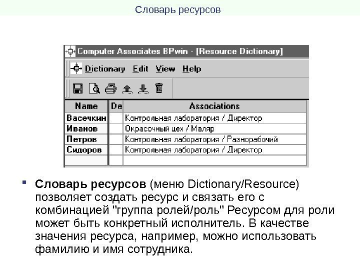 Словарь ресурсов (меню Dictionary / Resource ) позволяет создать ресурс и связать его с