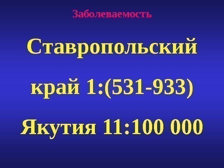 Заболеваемость Ставропольский край 1: (531 -933) Якутия 11: 100 000 