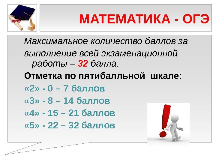 МАТЕМАТИКА - ОГЭ Максимальное количество баллов за выполнение всей экзаменационной работы – 32 балла.