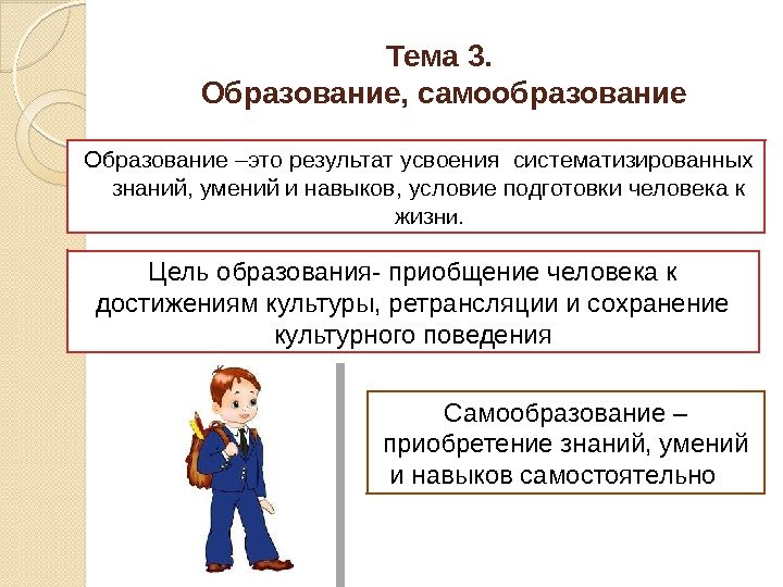 Тема 3.  Образование, самообразование Образование –это результат усвоения систематизированных знаний, умений и навыков,