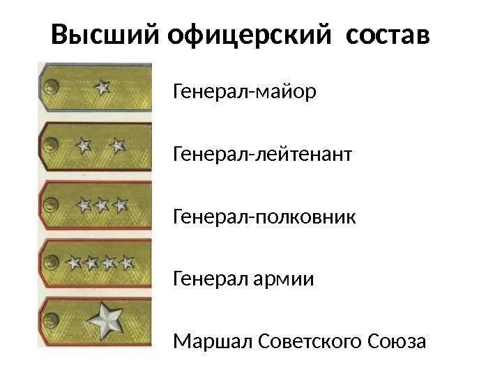 Высший офицерский состав Генерал-майор Генерал-лейтенант Генерал-полковник Генерал армии Маршал Советского Союза 