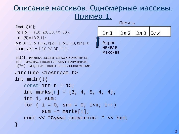 Описание массивов. Одномерные массивы. Пример 1. float p[10];  int a[5] = {1 0