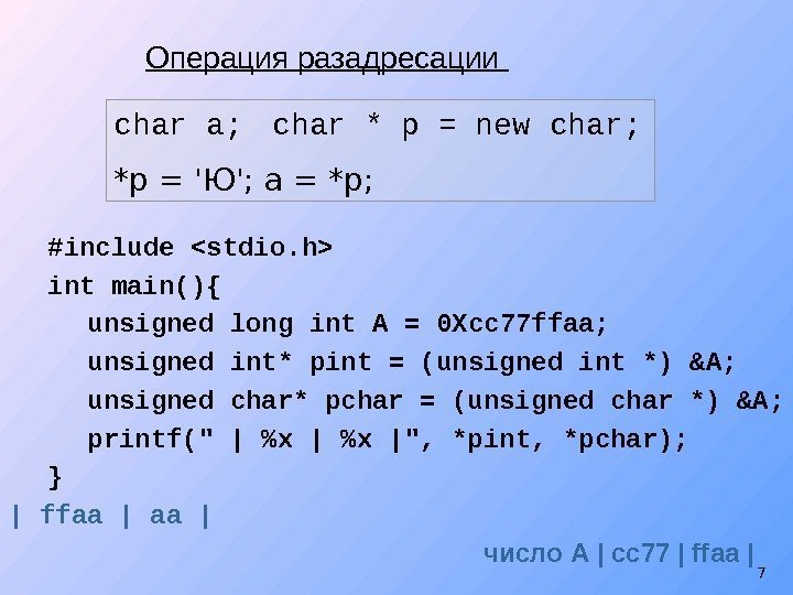 Операция разадресации  char a; char * p = new char; *p = 'Ю';