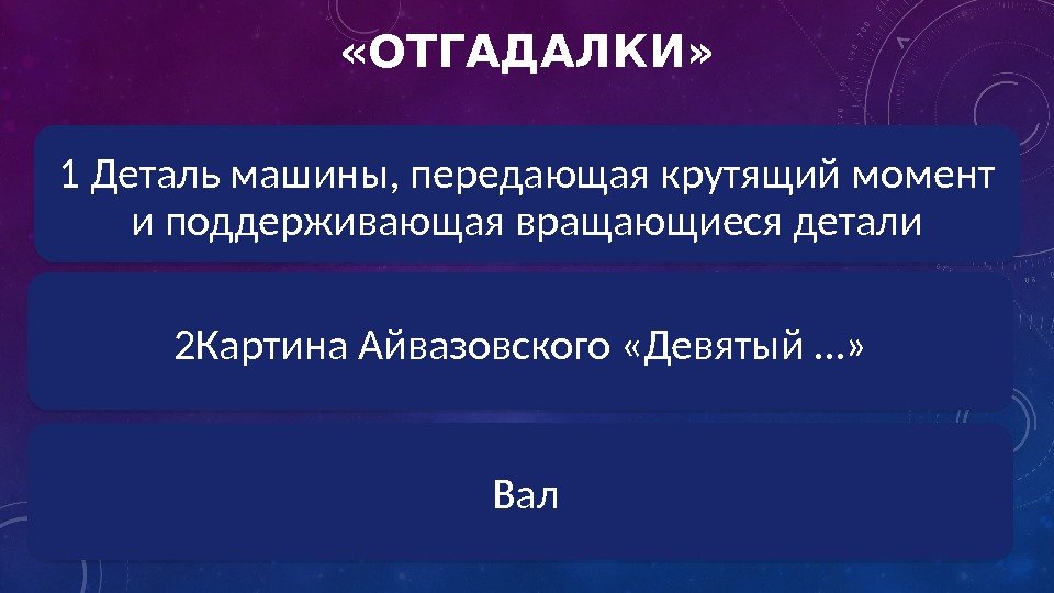  «ОТГАДАЛКИ» 1 Деталь машины, передающая крутящий момент и поддерживающая вращающиеся детали 2 Картина