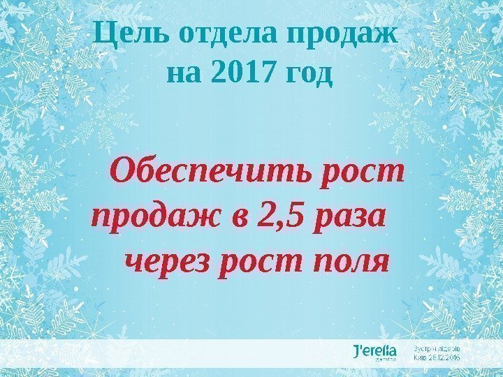 Цель отдела продаж на 2017 год Обеспечить рост продаж в 2, 5 раза через