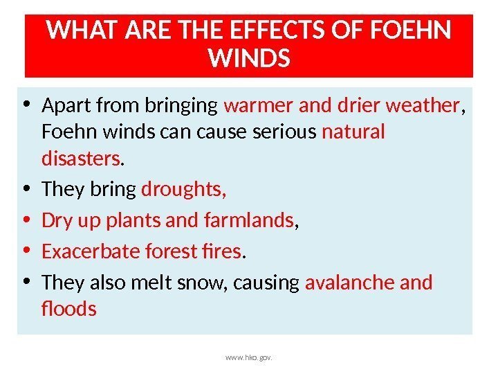 WHAT ARE THE EFFECTS OF FOEHN WINDS www. hko. gov. • Apart from bringing