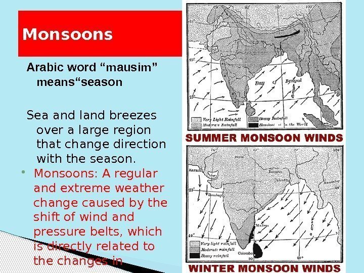 Monsoons Arabic word “mausim” means“season Sea and land breezes over a large region that