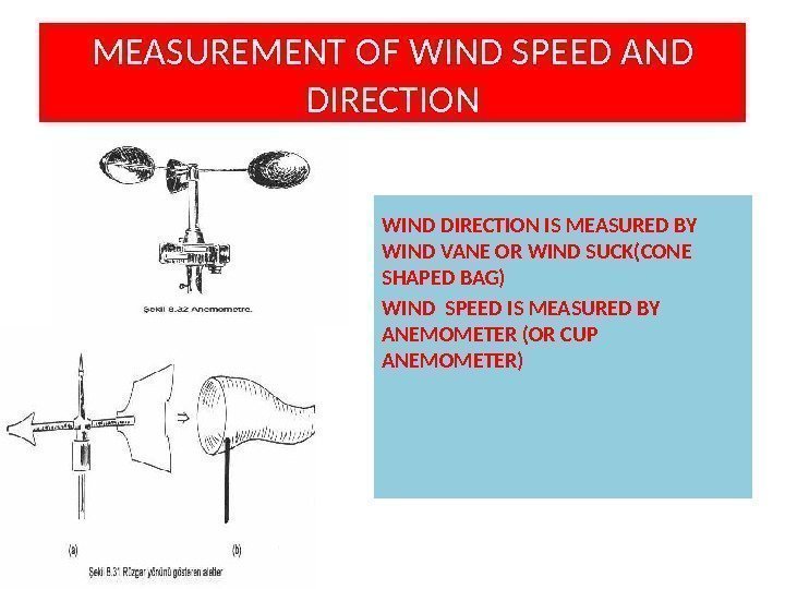 MEASUREMENT OF WIND SPEED AND DIRECTION WIND DIRECTION IS MEASURED BY WIND VANE OR