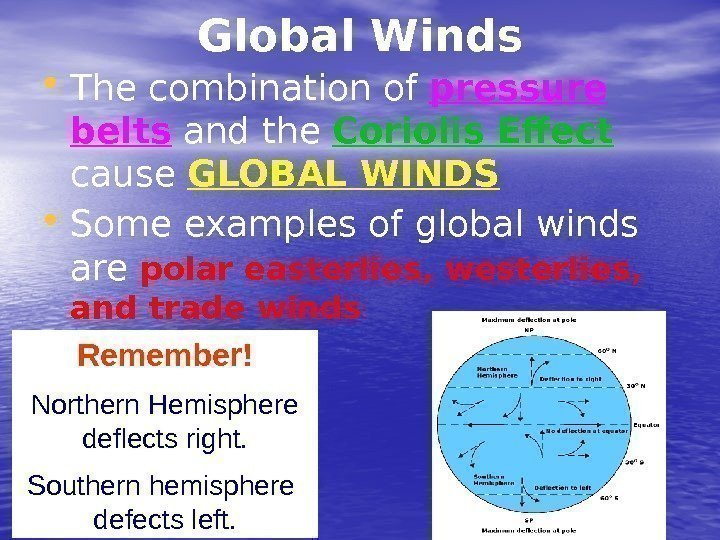 Global Winds • The combination of pressure belts and the Coriolis Effect  cause
