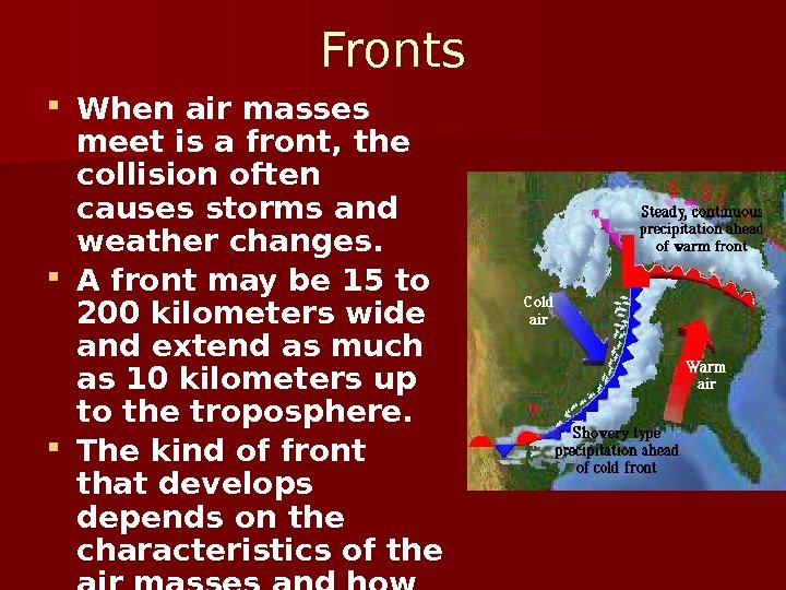 Fronts When air masses meet is a front, the collision often causes storms and