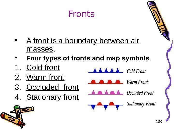  • A front is a boundary between air masses.  • Four types