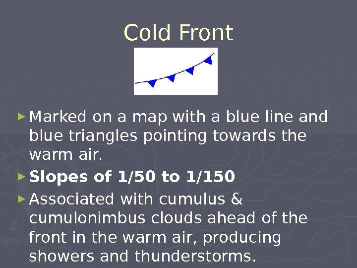 Cold Front ► Marked on a map with a blue line and blue triangles