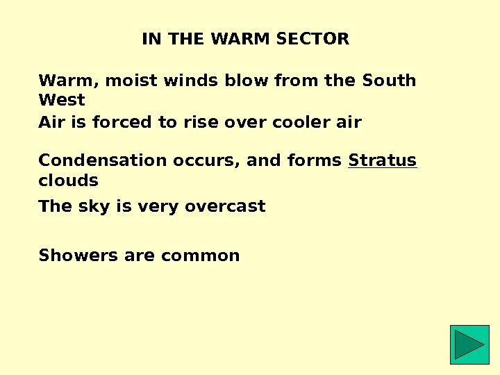 IN THE WARM SECTOR Warm, moist winds blow from the South West Air is