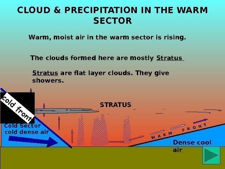 Dense cool air. CLOUD & PRECIPITATION IN THE WARM SECTORW A R M 