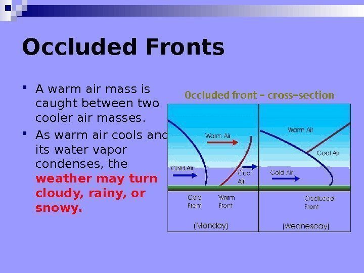 Occluded Fronts A warm air mass is caught between two cooler air masses. 