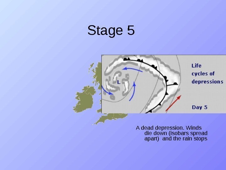 Stage 5 A dead depression. Winds die down (isobars spread apart) and the rain