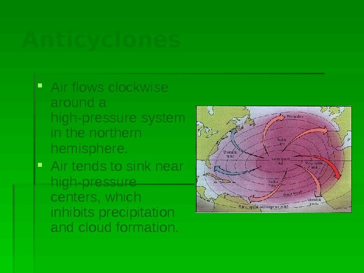 Anticyclones Air flows clockwise around a high-pressure system in the northern hemisphere.  Air