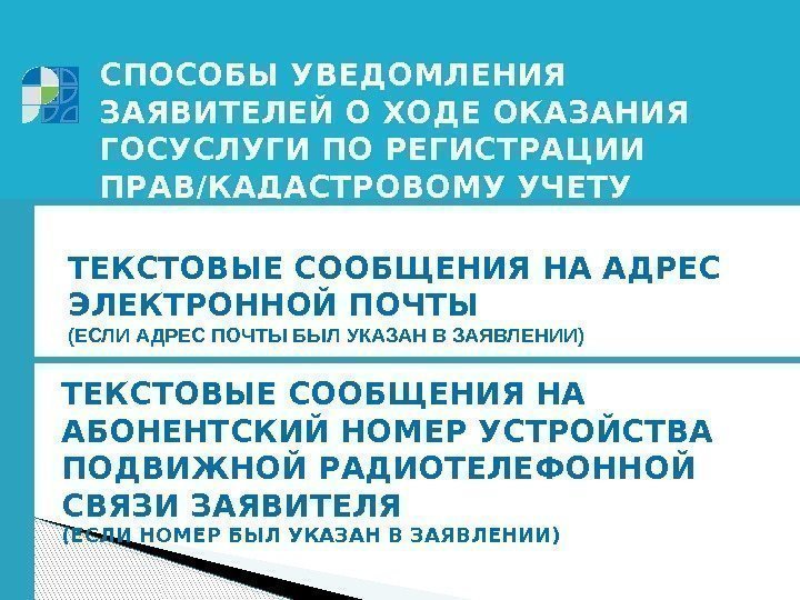 СПОСОБЫ УВЕДОМЛЕНИЯ ЗАЯВИТЕЛЕЙ О ХОДЕ ОКАЗАНИЯ ГОСУСЛУГИ ПО РЕГИСТРАЦИИ ПРАВ/КАДАСТРОВОМУ УЧЕТУ (БЕСПЛАТНО) ТЕКСТОВЫЕ СООБЩЕНИЯ