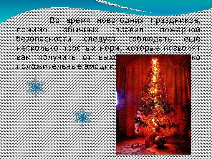 Во время новогодних праздников,  помимо обычных правил пожарной безопасности следует соблюдать ещё несколько