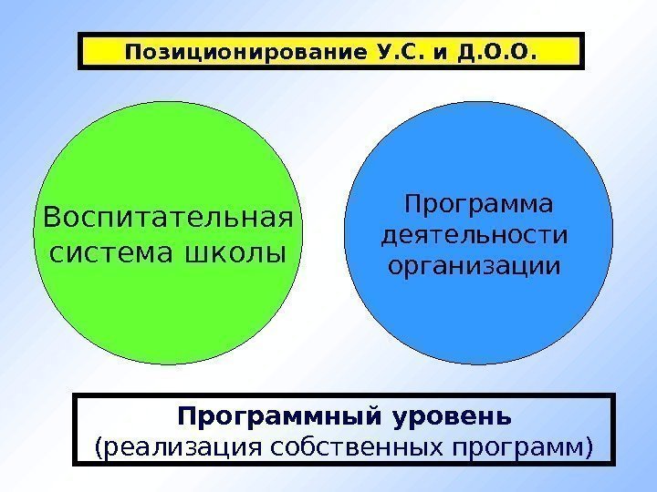 Воспитательная система школы Программа деятельности организации Программный уровень (реализация собственных программ) Позиционирование У. С.