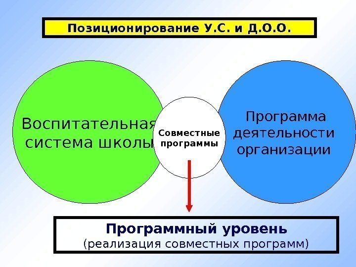 Воспитательная система школы Программа деятельности организации Программный уровень (реализация совместных программ) Совместные программы. Позиционирование