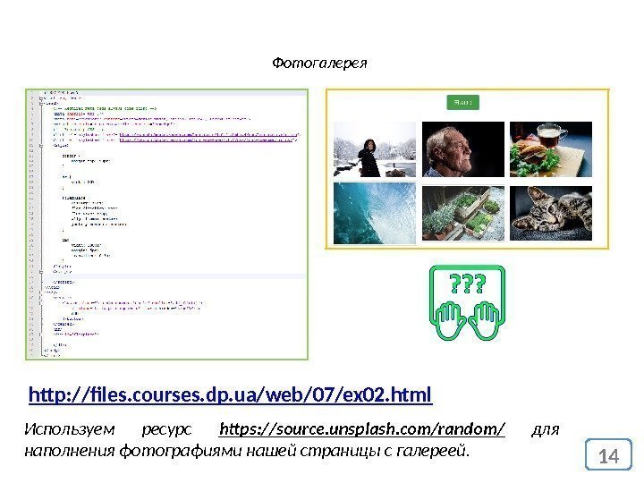 14 Фотогалерея http: //files. courses. dp. ua/web/07/ex 02. html Используем ресурс https: //source. unsplash.