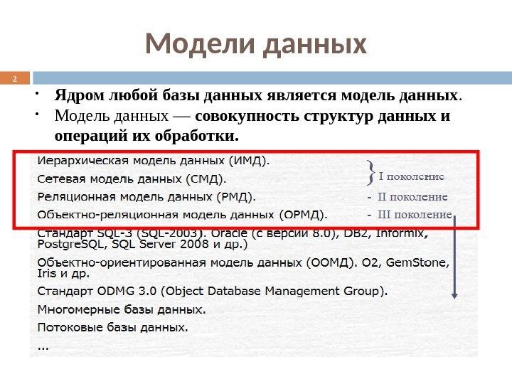 Модели данных 2 • Ядром любой базы данных является модель данных.  • Модельданных—