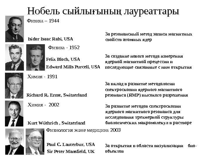 Химия - 1991 Richard R. Ernst ,  Switzerland Физика - 1952 Felix Bloch