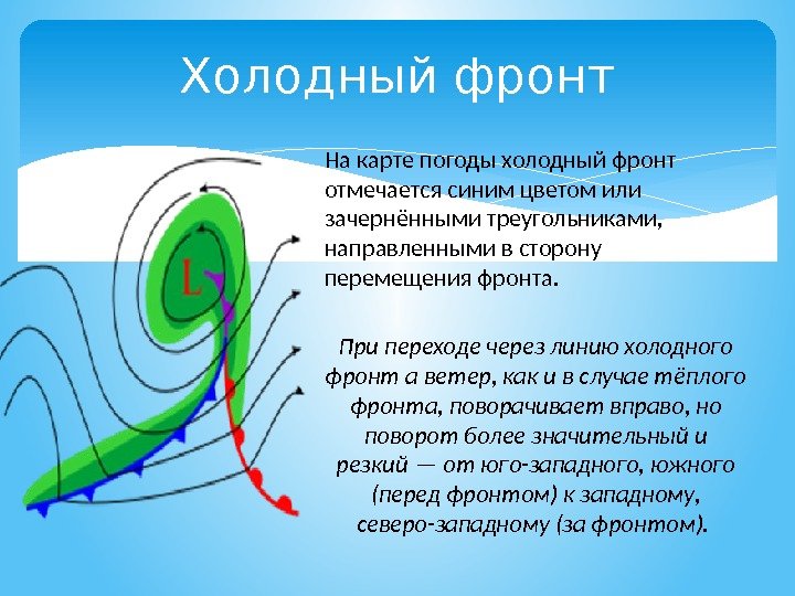 Холодный фронт На карте погоды холодный фронт отмечается синим цветом или зачернёнными треугольниками, 