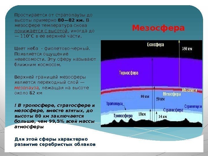 Мезосфера. Простирается от стратопаузы до высоты примерно 80— 82 км.  В мезосфере температура