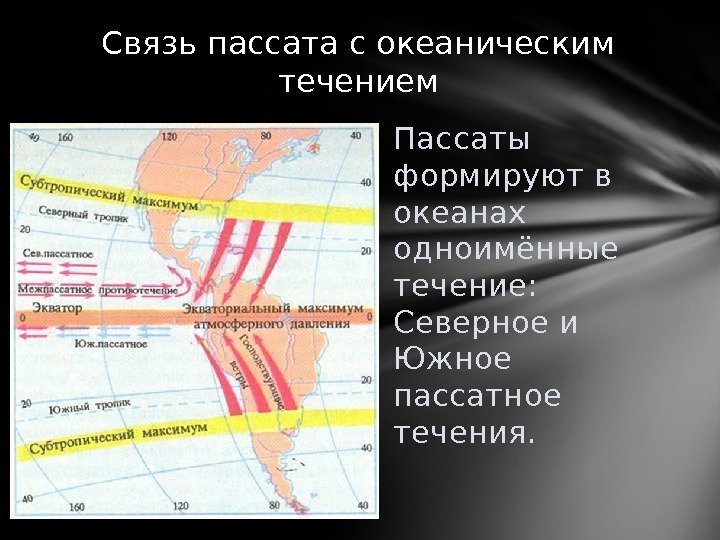 Пассаты формируют в океанах одноимённые течение:  Северное и Южное пассатное течения. Связь пассата