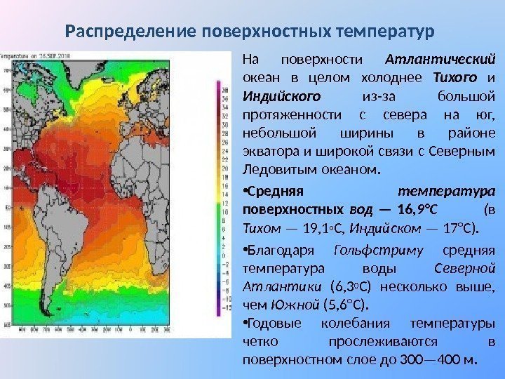 Распределение поверхностных температур На поверхности Атлантический океан в целом холоднее Тихого и Индийского из-за