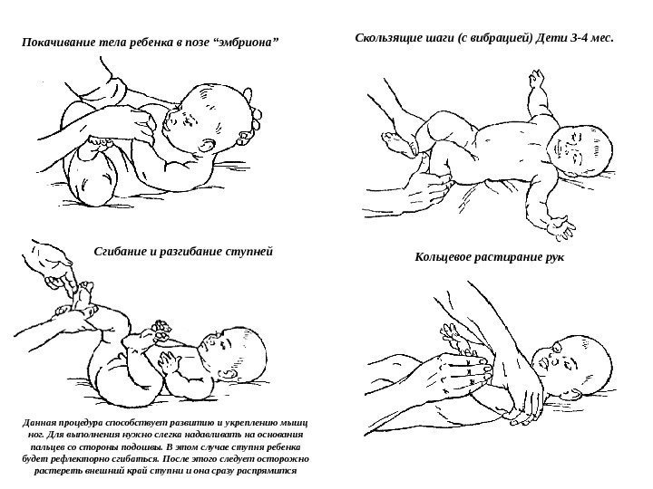 Покачивание тела ребенка в позе “эмбриона” Скользящие шаги (с вибрацией) Дети 3 -4 мес.