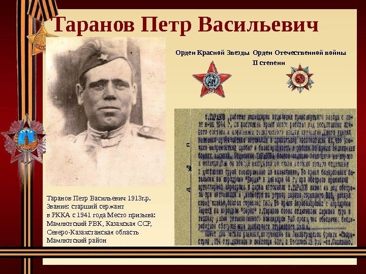 Таранов Петр Васильевич 1913 г. р. Звание: старший сержант в РККА с 1941 года