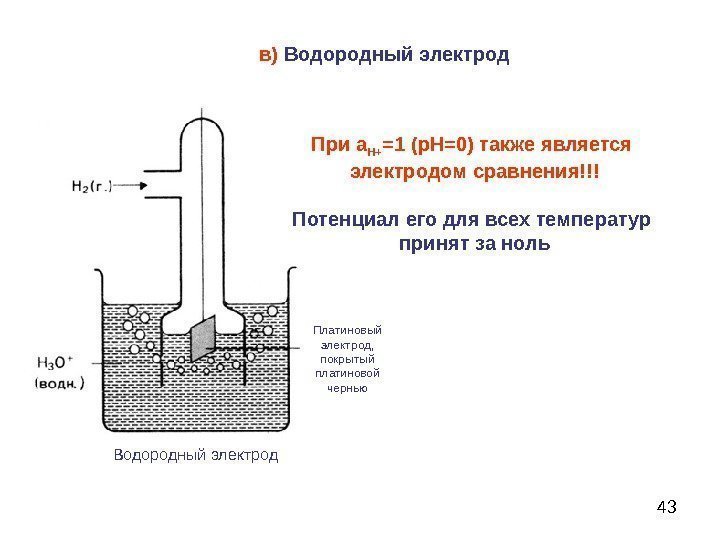 43 Платиновый электрод, покрытый платиновой чернью Водородный электрод в) Водородный электрод При а Н+