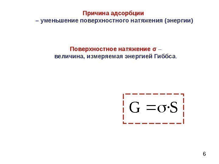 6 S·GПричина адсорбции  – уменьшение поверхностного натяжения (энергии) Поверхностное натяжение σ  –