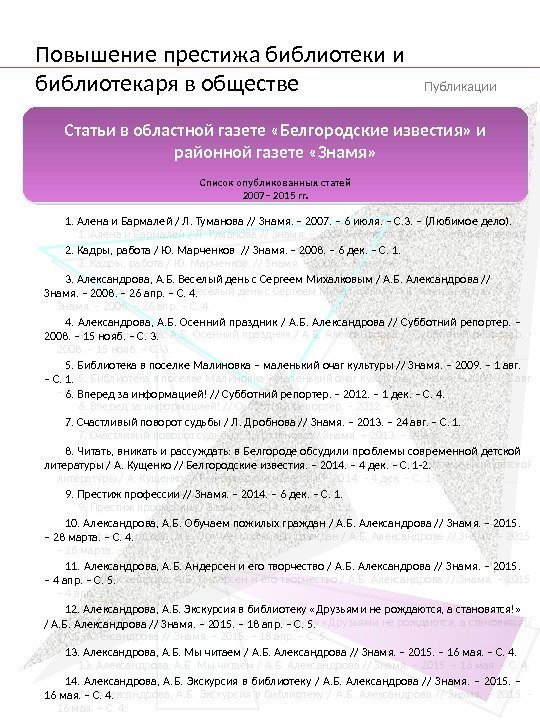 Статьи в областной газете «Белгородские известия» и районной газете «Знамя» Список опубликованных статей 2007–