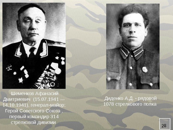 28 Шеменков Афанасий Дмитриевич (15. 07. 1941 — 14. 10. 1941), генерал-майор; Герой Советского