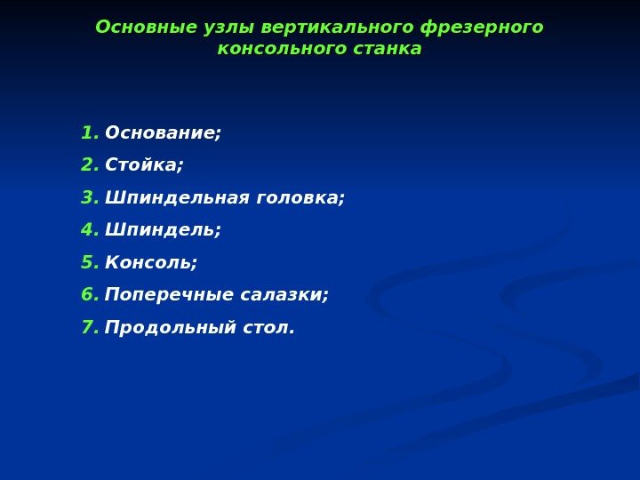   Основные узлы вертикального фрезерного консольного станка 1. Основание; 2. Стойка; 3. Шпиндельная