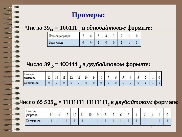 Примеры: Число 39 10 = 100111 2 в однобайтовом формате: Число 39 10 =