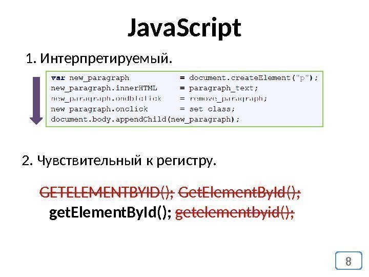 1. Интерпретируемый. Java. Script 2. Чувствительный к регистру. GETELEMENTBYID();  Get. Element. By. Id()