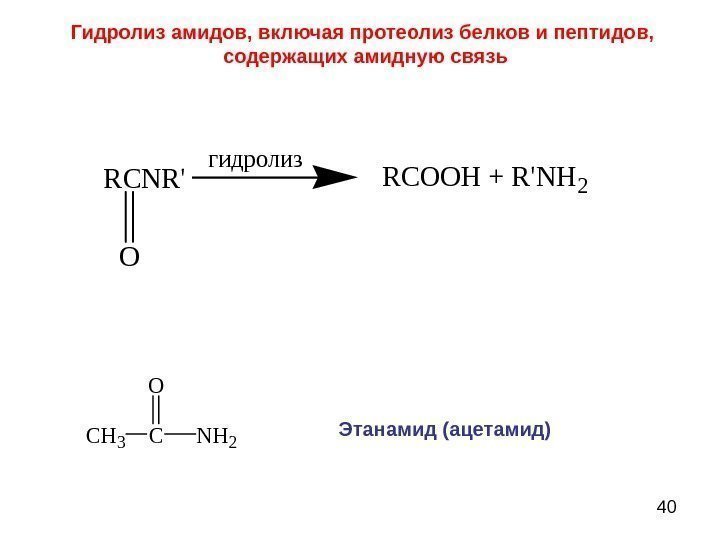  40 RCNR' O RCOOH + R'NH 2 гидролиз CH 3 CNH 2 OЭтанамид