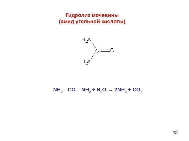  43 Гидролиз мочевины (амид угольной кислоты) NH 2 – CO – NH 2